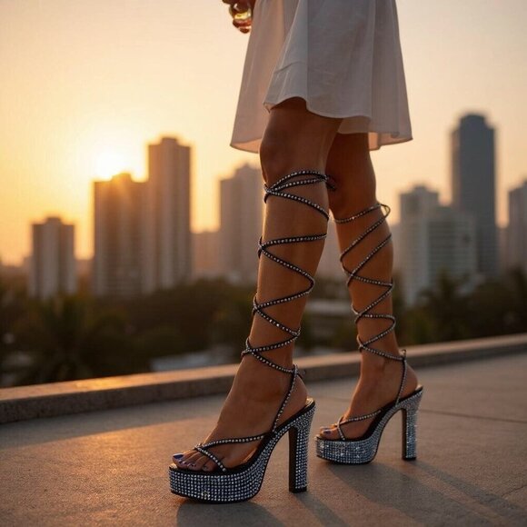 Blue Rhinestone Rave Heels – Poster Grl Knee-High Lace-Up Platforms 6" Heel 8 - Picture 5 of 5